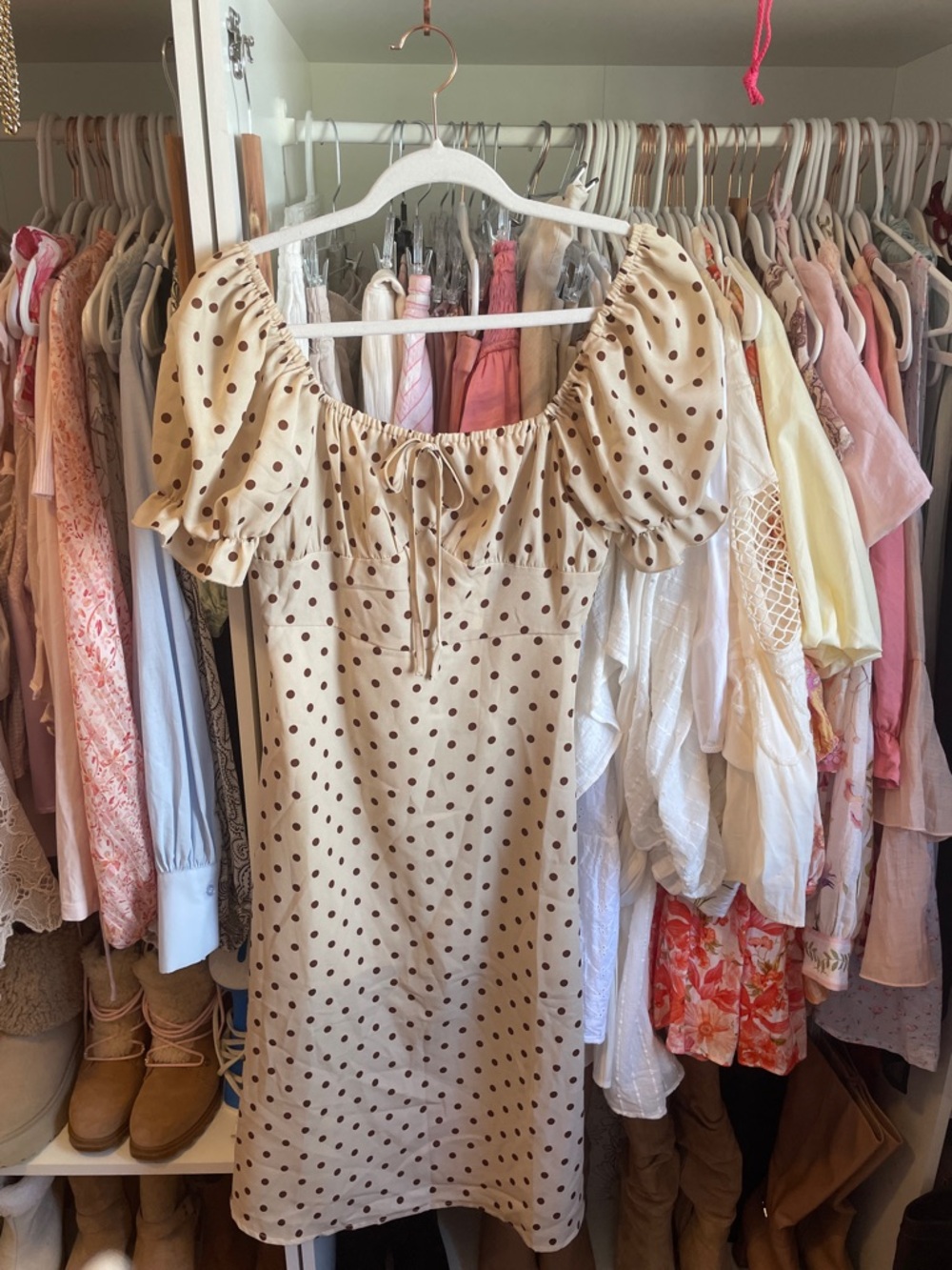 Beige Polka Dot Puff Sleeve Dress